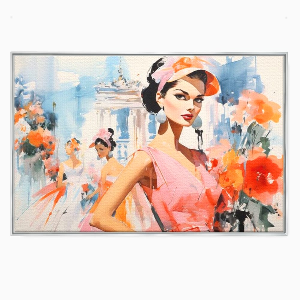 Tablou canvas cu tablou canvas cu femei la moda retro, in rama de aluminiu argintiu